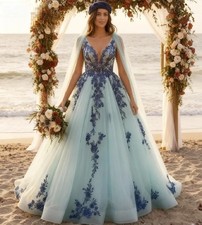 Alternative Blue Gothic Wedding Dress Hippies Beach Lace Bride Dress ALine Tulle