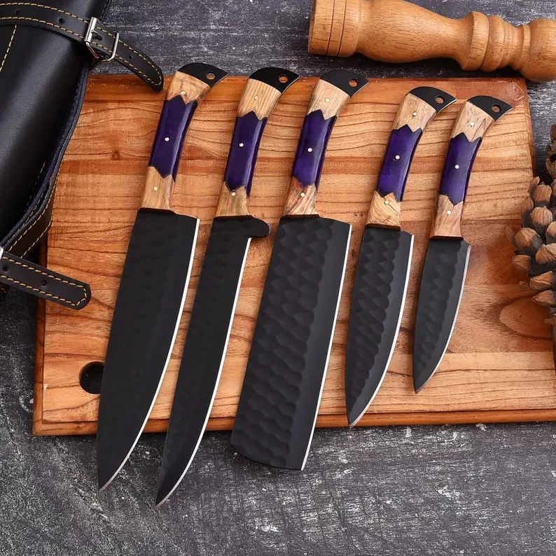 Handmade Kitchen Knife Set with Wooden Handles & Leather Roll Gift For Chefs.
