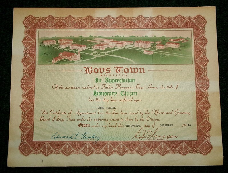 Boys Town Nebraska Certificate of Appreciation 1944 Father Flanagan nice RARE