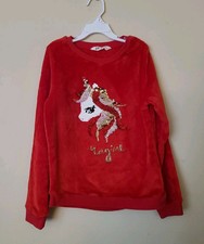 Girl  s H M 'Magical' Reverse Sequin Unicorn Red Velour Sweater Size 8-10 READ
