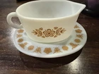 Vintage Pyrex gravy boat and underplate set. Butterfly Gold