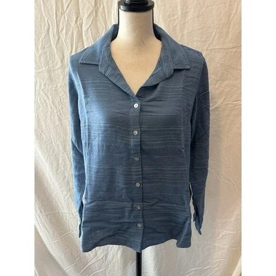 Side Stitch Regular Soft-Textured Slub Stripe Button-Down Top Navy Blue S New