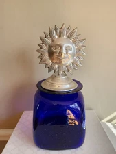 Celestial Sun Hand Blown Glass Jar Blue Cobalt 90s Style Decor Large Vintage