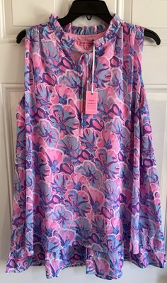 NWT Simply Southern Ruffle Neck Tunic Top Women Small Tropical Pink/Purple/Blue