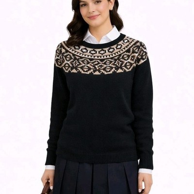 TALBOTS Size Small Black Gold Metallic Fair Isle Cotton Blend Holiday Sweater