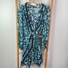 Zimmermann Wrap Dress Womens 0 Blue Green Flora Sheer Lace Trim Long Sleeve