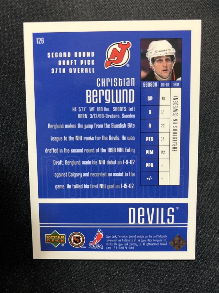 01-02 UD Playmakers Hockey RC Limited 126 Christian Berglund /1250 - Image 2 of 2