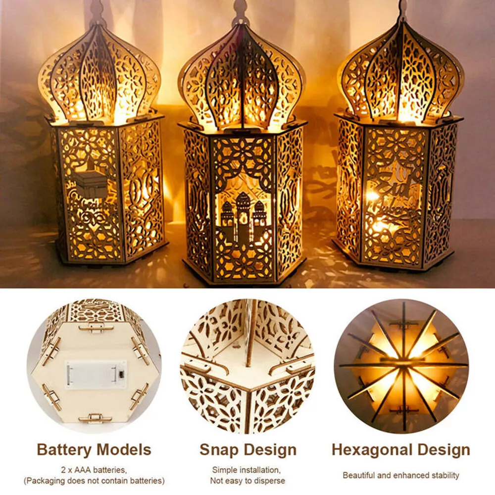 Eid Mubarak Muslim LED Night Light Ramadan Lamp Decor Lights Wooden Lantern  DIY