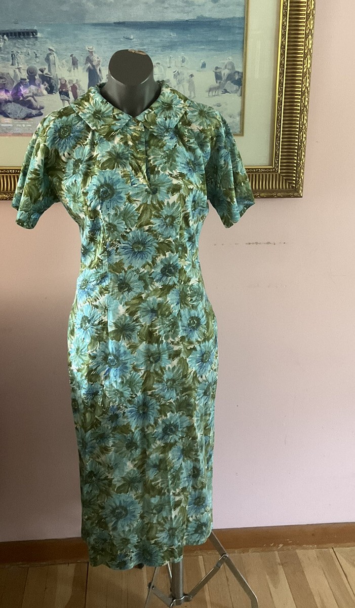 cotton wiggle dress Vintage 50s Floral Blue Green small pointed waistband is cinched Colour:PINK black mermaid prom dresses 2019 1950s b&w The dress did its