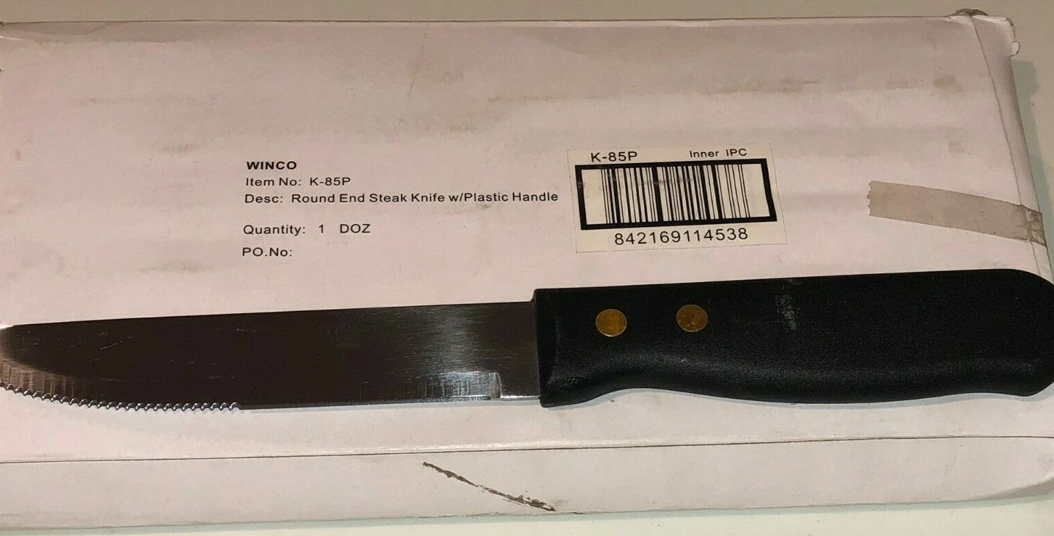 (1 Dozen) Winco K-85P, Jumbo Steak Knife w/5-Inch Blade and Black Plastic Handle