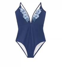 Victoria  s Secret PINK Swimsuit Swimwear Embroidered Plunge One Piece Navy SZ XS