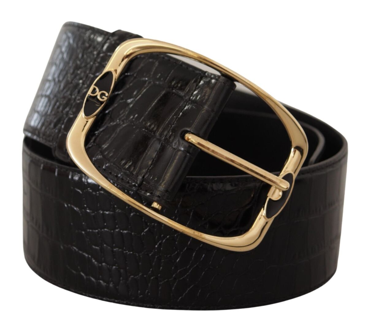 DOLCE & GABBANA Belt Black Crocodile Print Gold Metal DG DOLCE & GABBANA Belt Black Crocodile Print Gold Metal DG