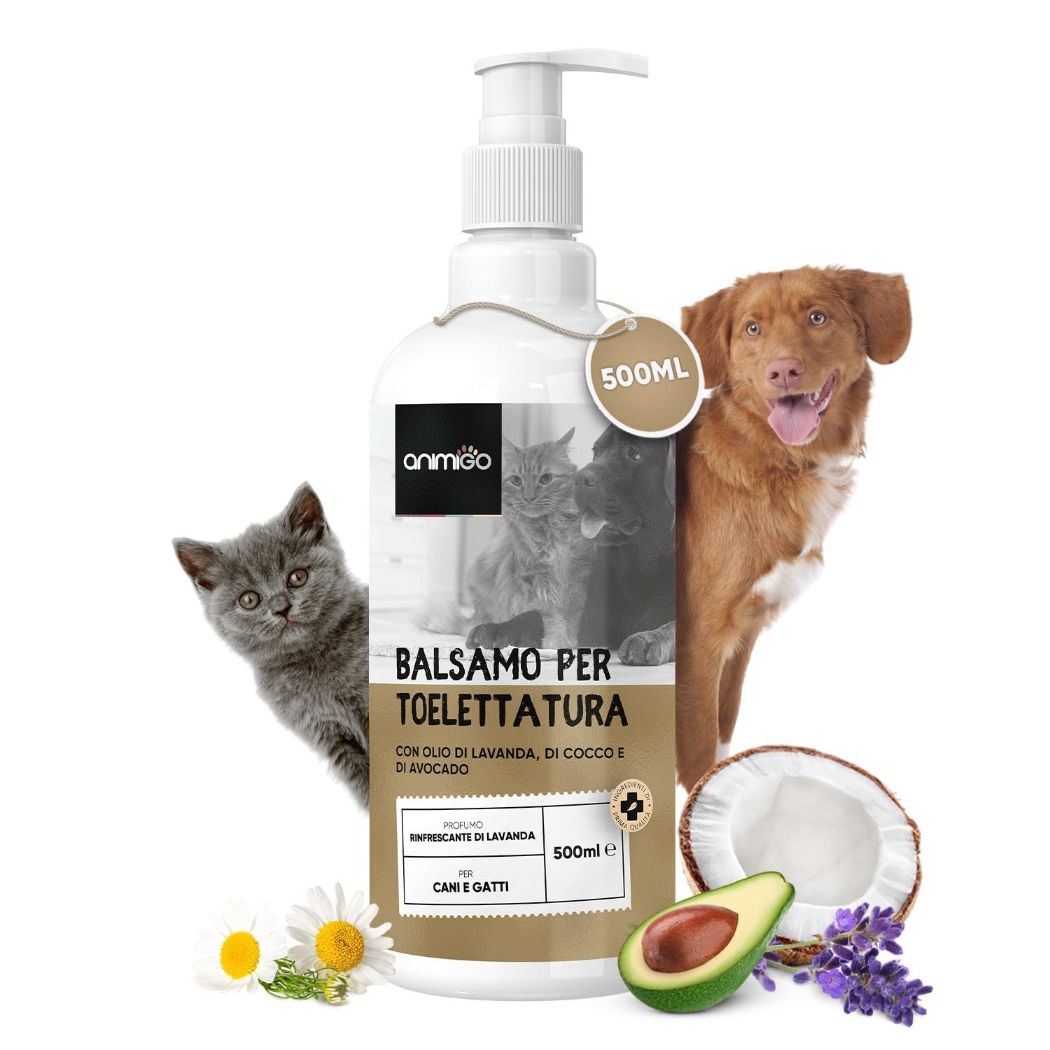 Balsamo per Cani e Gatti 500ml Oli Minerali Olio di Cocco Avocado Sciogli Nodi