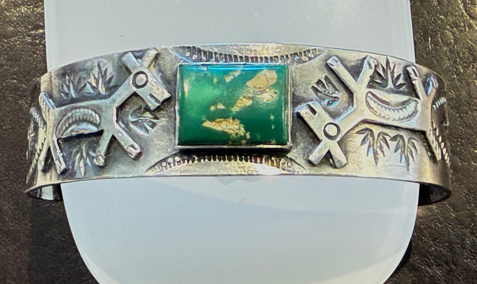 Fred Harvey Navajo silver cuff , rectangular gree… - image 1