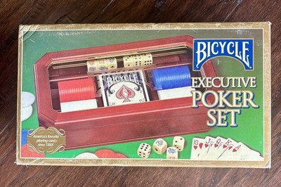 Bicycle Executive Poker Set Wood Glass Storage Box Chips Cards Dice New