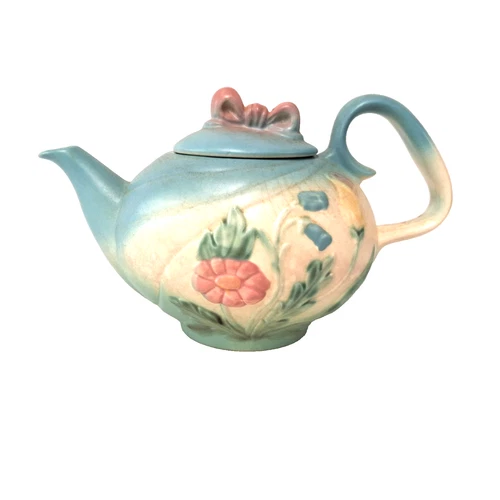 Hull Bow Knot Teapot Floral Art Pottery Blue Pink USA Vintage 1940s