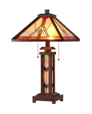 Chloe Lighting Anton Tiffany 3-Light Mission Double Lit Wooden Table Lamp 15''