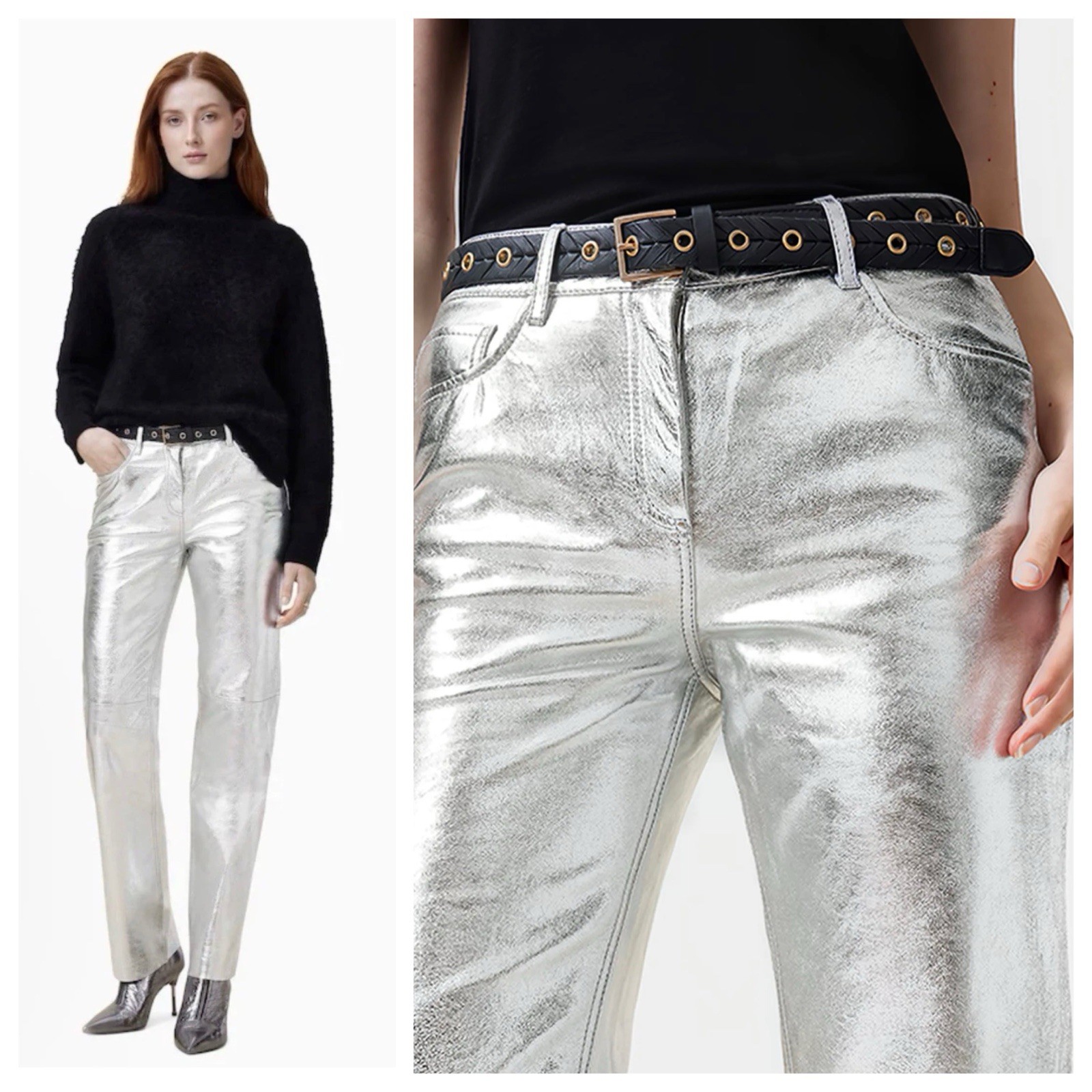 ALLSAINTS Saige Leather Trouser Pants in Silver, US Size 6, NWT