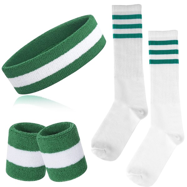 Gestreiftes SchweißBand Socken Set Stirnband Unisex Sport 80Er Party GrüN Weiß-image