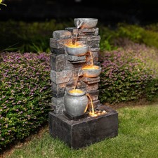 Garden Water Feature Outdoor LED Fountain Stacked Stone Cascading Grey Teamson