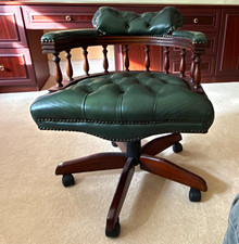Green Leather Executive Swivel Office Chair, Padded, Wooden Base, Castors