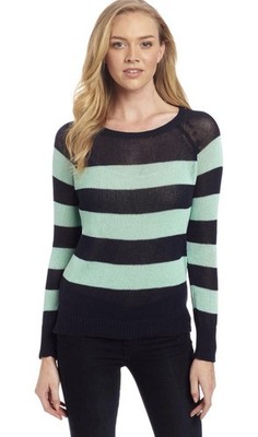 Christopher Fischer Keira Cotton Open Knit Sweater Medium Navy Turquoise Striped