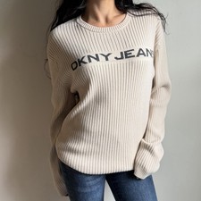 Y2K DKNY Ribbed Cream Sweater Spell out Size L