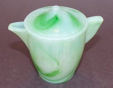 Akro Agate Green  White Marbleized Small Interior Panel Teapot With Darts W/Lid