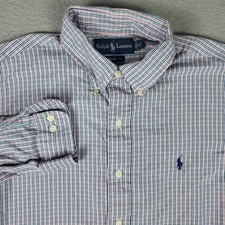 Ralph Lauren Shirt Mens Size 16 Blue Pink Plaid Pony Dress Button Up Long Sleeve