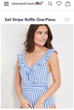 Vineyard Vines Women's Sail Stripe Ruffle One Piece Swimsuit 3X Blue 148 S25