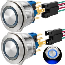 2PCS 22mm Blue LED Latching Push Button Switch, 110V, SPDT, IP67, Pre-Wired
