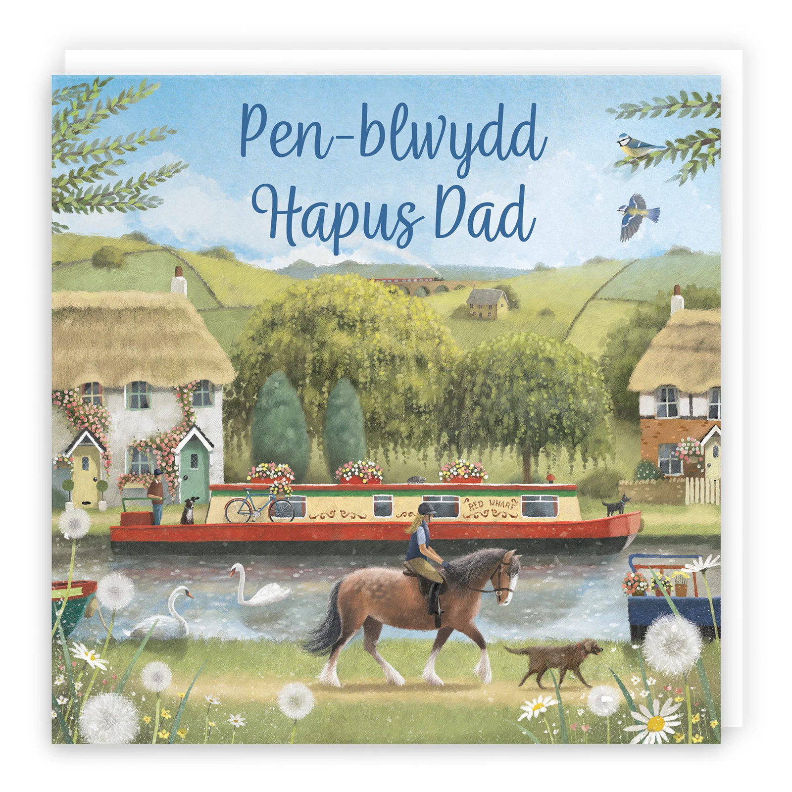 Dad Welsh Language Birthday Card Canal Narrowboat Horse Riding Milo's Gallery