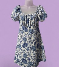 Ultra Flirt White Blue Floral Square Neck Puff Short Sleeve Mini Dress M