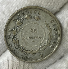 1923 Costa Rica 50 Centimes Silver Coin Counterstamped on 1892 coin