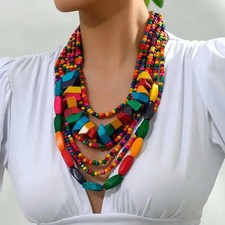 Wood Bead Necklace Multi Layer Colorful Hand Beaded Boho Style Jewelry