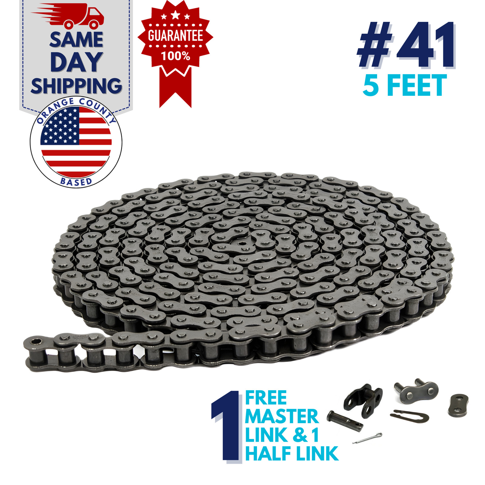 #41 Roller Chain 5 Feet with 1 Connecting Link + 1 Offset Link for Go-karts