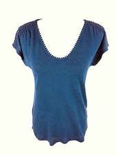 Boden Womens Scalloped Scoop Neck Tee Top XS Blue Linen Blend