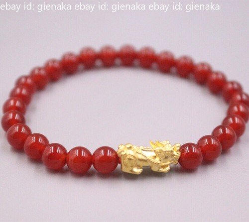 Pure 999 24K Yellow Gold Dragon Pixiu Beads 6mm Red Agate Bracelet 0.2-0.4g - Picture 1 of 10