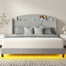 Upholstered Bed Frame W/Headboard, LED Light Outlets - Queen/King