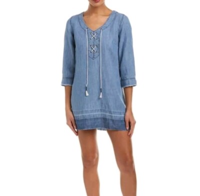 Michael Stars Shift Dress Size XS Chambray Tencel Linen Denim Lace Up Raw  Hem | eBay