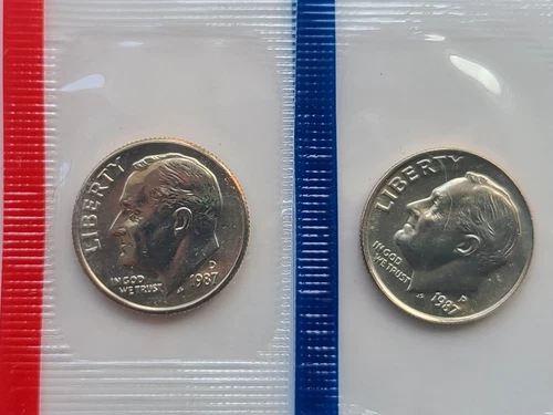 1987 P & D ROOSEVELT DIMES IN US MINT CELLO – BU UNCIRCULATED COIN SET LOT