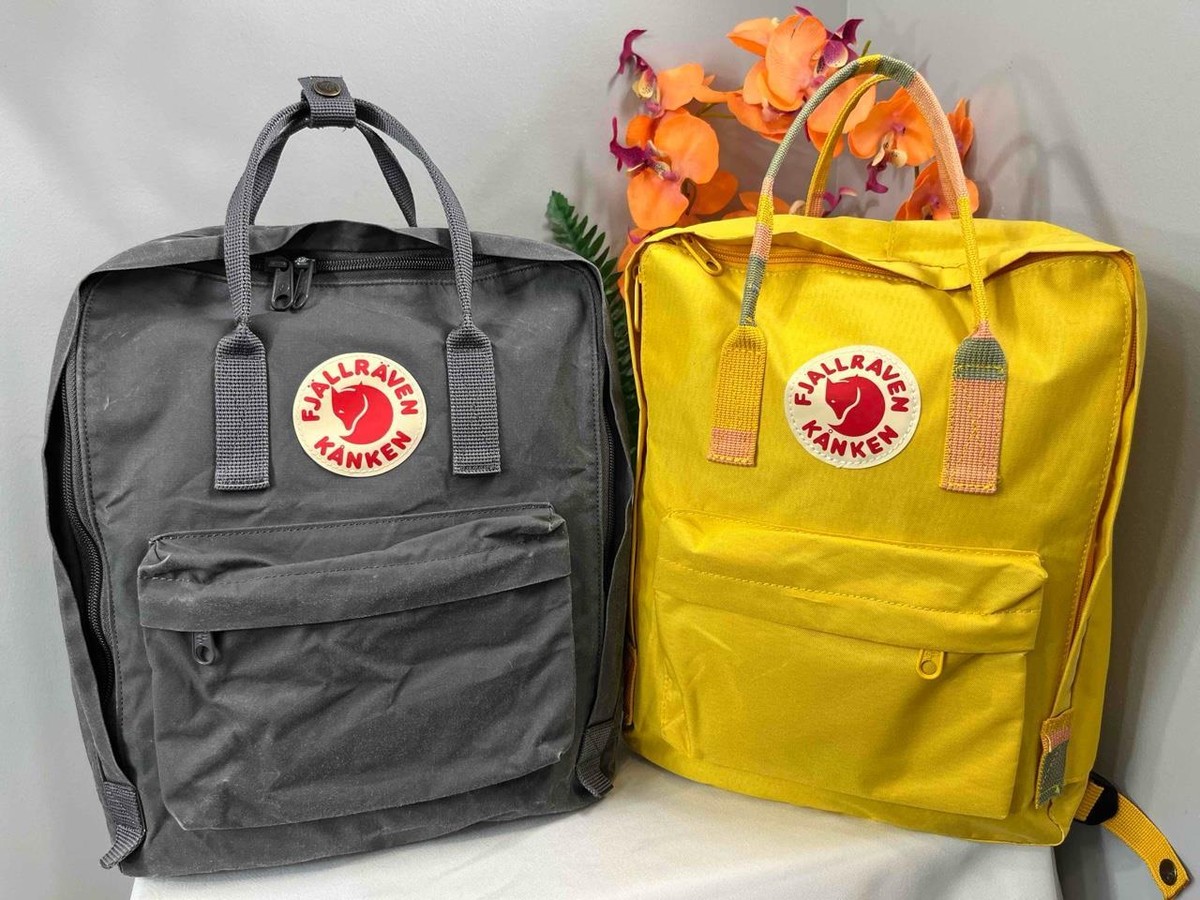 FJALLRAVEN Women's Kanken Backpack in Yellow Gray Nylon Weave (2 Pcs Set)