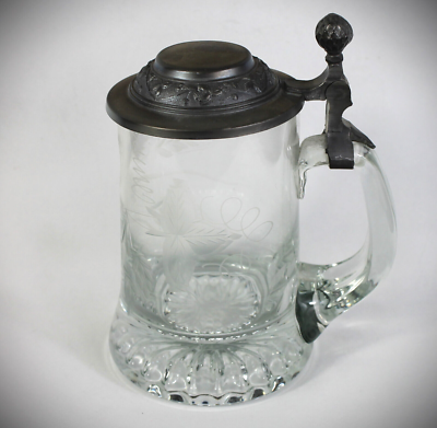 Bierglas Henkelglas Zinn Deckel Bierseidel Seidel Geschliffen Motiv Vintage B