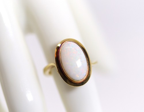 Donna Anello IN Oro Giallo Weißer-opal 14kt–585, Ovale Cabochon Cesto, Rg. 52 - Foto 6 di 10