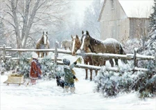 Boy and Girl Feeding Horses Box of 16 D.R. Laird Country Christmas Cards