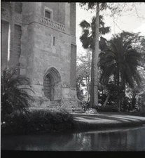 Vintage   Negative 2x2  Black & White Stone Building Palm Trees Creek Gothic