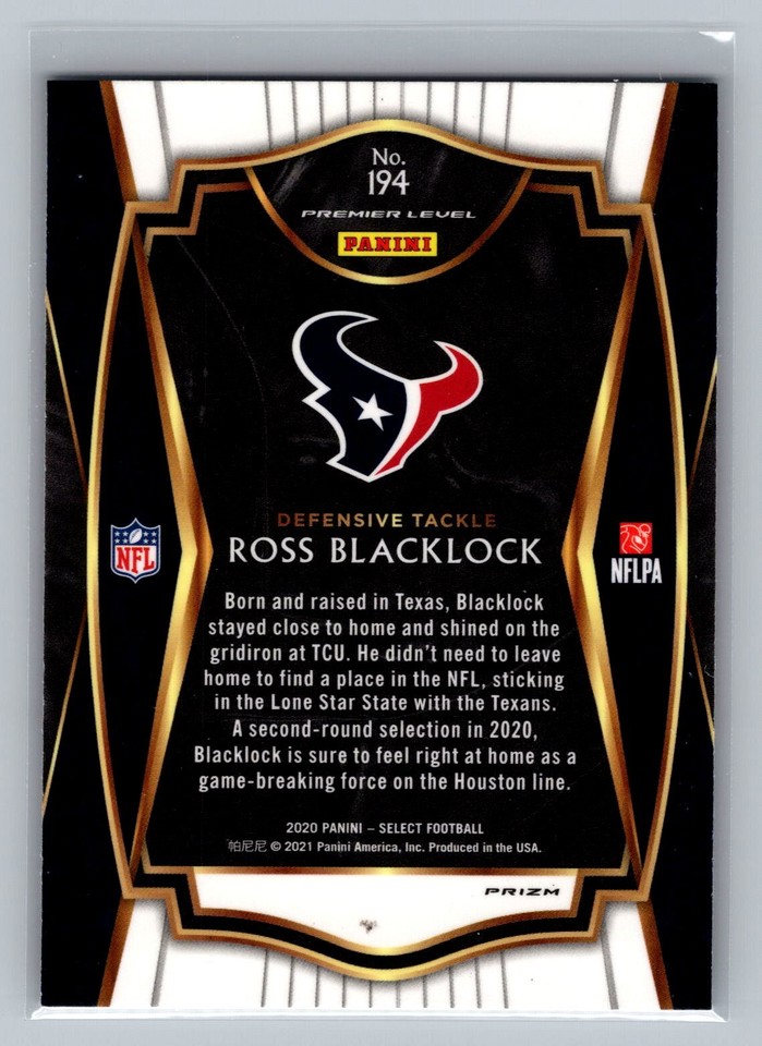 Ross Blacklock 2020 Panini Select #194 Silver Prizm Houston Texans 1Q ...