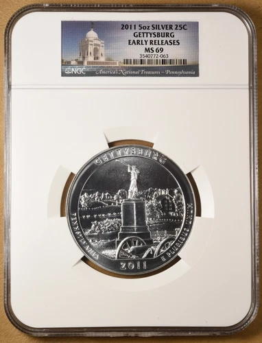 2011 Gettysburg 5oz Silver America the Beautiful Quarter NGC MS69
