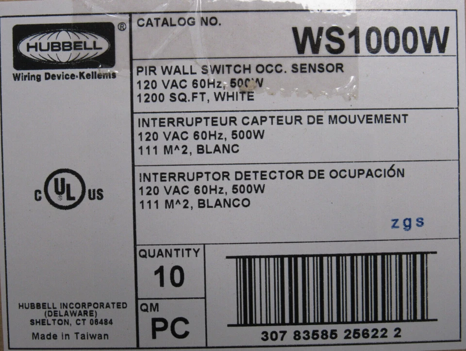 NUEVA CAJA DE 10 INTERRUPTORES DE PARED CON DETECCIÓN DE MOVIMIENTO HUBBELL WS1000W 120V Foto 4 de 4