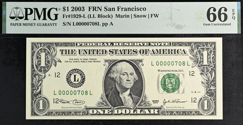 2003A $1 Federal Reserve Note PMG 66EPQ wanted low serial number birthday 708 - Picture 2 of 3